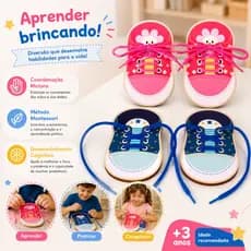 Tênis Alinhavo Montessori Brinquedo Educativo Madeira Amarrar Cadarço Coordenação Motora Infantil +3 Anos