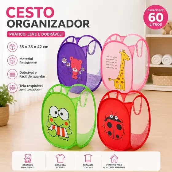 Cesto Organizador Brinquedos Roupas Cesto Multiuso Telado Porta Treco Dobrável Menino Menina