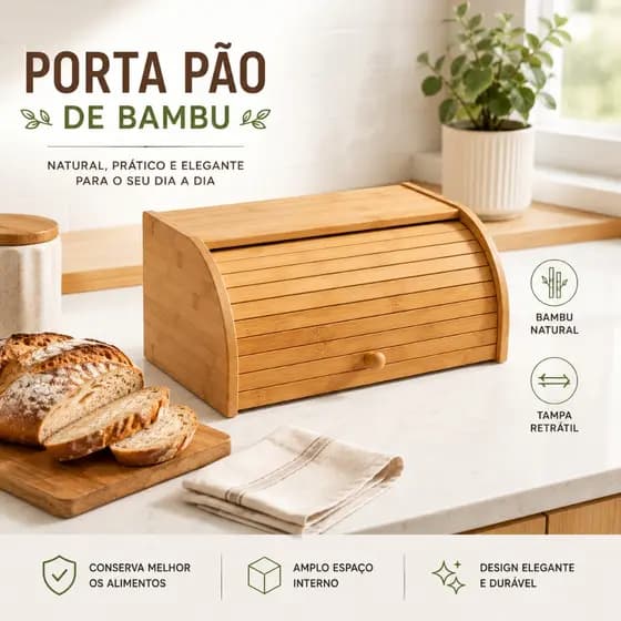 Porta Pão de Bambu com Tampa Retrátil Deslizante Organizador para Pães Bolachas Cozinha