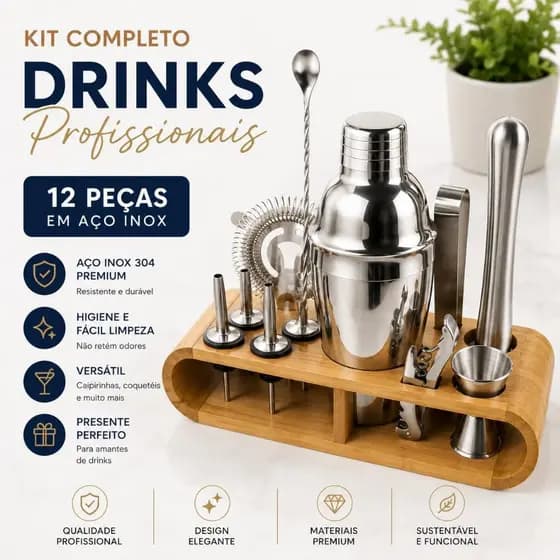 Kit Bar Coqueteleira Inox 12 Peças 550ml com Suporte de Bambu Profissional para Drinks Caipirinha Cocktails Barman