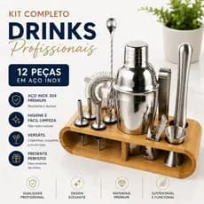 Kit Bar Coqueteleira Inox 12 Peças 550ml com Suporte de Bambu Profissional para Drinks Caipirinha Cocktails Barman
