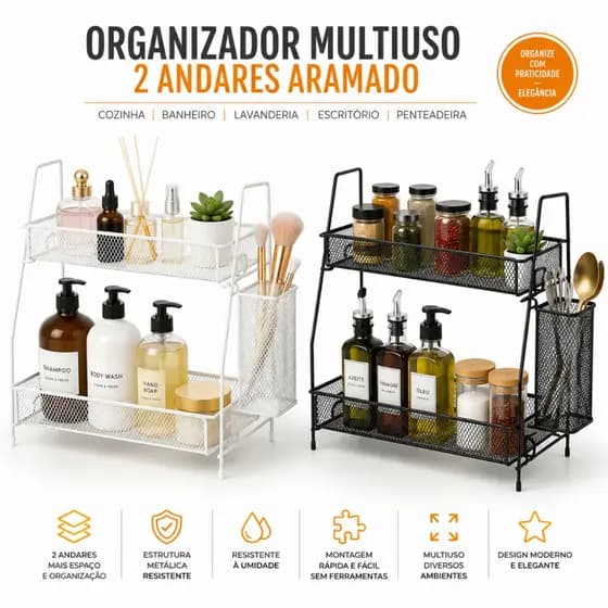 Organizador Multiuso Aramado 2 Andares Metal Cozinha Banheiro Lavanderia Porta Temperos Porta Cosméticos Bancada