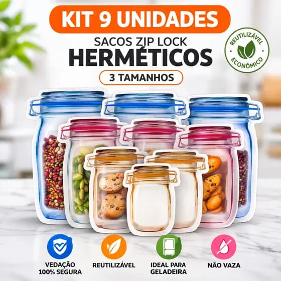 Kit 9 Sacos Zip Lock Reutilizável Hermético Desenho Pote | Vedação Forte | Vários Tamanhos Cozinha