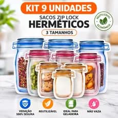 Kit 9 Sacos Zip Lock Reutilizável Hermético Desenho Pote | Vedação Forte | Vários Tamanhos Cozinha