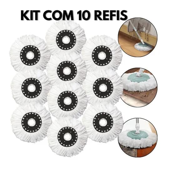 Refis para Mop Giratório 12L Kit com 10 Unidades em Microfibra Encaixe 16cm