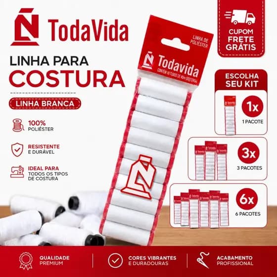 Kit com 10 und de Linha Retrós Costura Branca TodaVida 1 / 3 e 6 Pacotes