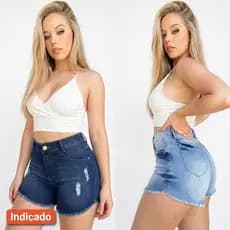 Kit 2 Short Jeans Feminino Cintura Alta Barra Desfiada Em V Com Lycra Blogueira