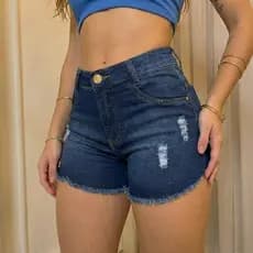Short Jeans Feminino Cintura Alta Com Lycra Barra Desfiada Barra Em V