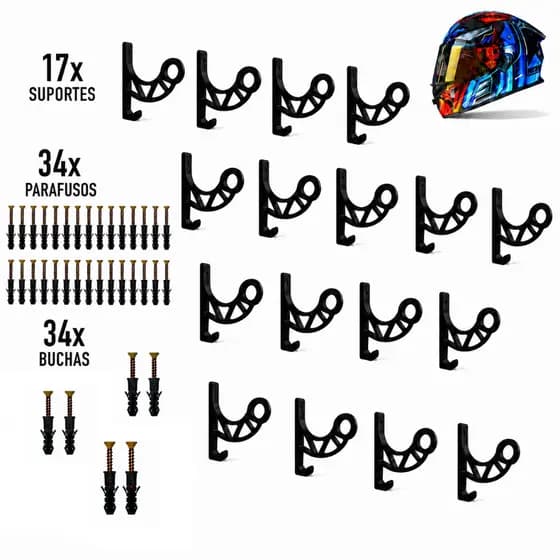 Kit 17 Suportes de Parede para Pendurar Capacete e Acessórios Porta Capacete Moto Universal Gancho Multiuso Organização