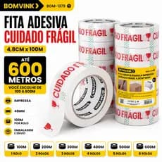 Fita Adesiva Cuidado Frágil Branca Impressa 48mm x 100m Para Embalagem Caixa Envio E-commerce Alta Aderência Durex