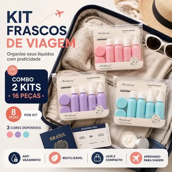 Kit até 16 Frascos Potes Para Viagem Com Estojo Conjunto Multifuncional Para Cosméticos Cremes Shampoo Sabonete