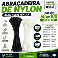 Abraçadeira Nylon Reforçada Preta ou Branca 100 Unidades Alta Resistência 2,5 a 7,6mm x 100 a 400 mm Enforca Gato
