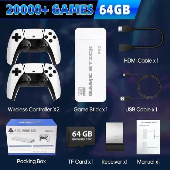 2026 Novo M15 Pro Video Game Stick 4k 64GB HDMI +20000 Jogos com 2 Controladores Sem Fio