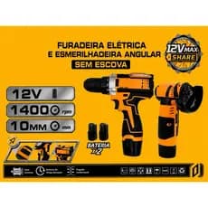 Kit Furadeira Parafusadeira e Esmerilhadeira 12V Sem Fio 2 Baterias Recarregáveis