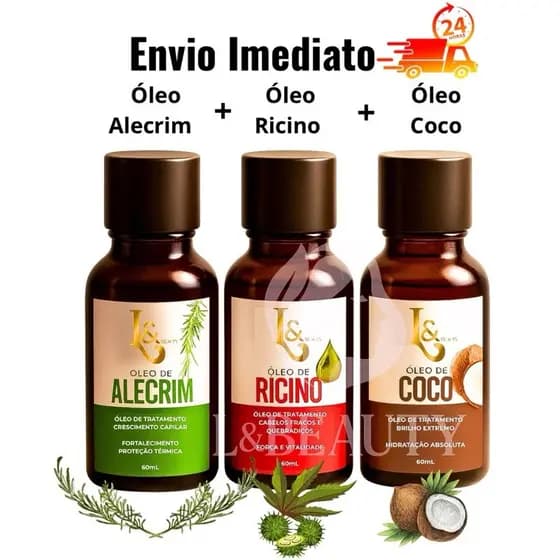Kit Óleos L&Beauty 60ml (Coco+Rícino+Alecrim): Crescimento, força e super brilho! Compre já!