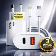 Carregador Turbo 45w Rápido Usb-c Branco Compatível Com iPhone 7, 8, X, Xr, Xs, 11, 12, 13 E 14