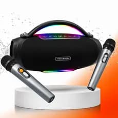 Kit Caixa de Som Amplificada + 2 Microfones Sem Fio Bluetooth H'MASTON Boombox Grande 120W RGB IPX6 TWS