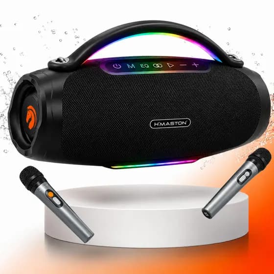 Caixa de Som Amplificada Bluetooth H'MASTON RN09 Boombox Grande 120W RGB IPX6 TWS com Kit 2 Microfones Sem Fio