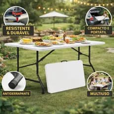 Mesa Dobrável Vira Maleta 1,80m Portátil Com Alça Resistente Camping Festa Churrasco Jardim Suporta 150kg Branca