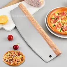 Faca divisória de pizza em aço inoxidável, faca curvada para pizza, cabo de madeira, faca grande para farinha, ferrament