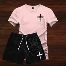 Kit Conjunto Camiseta Cruz Riscada Algodão+Bermuda Tactel Preto P ao GG