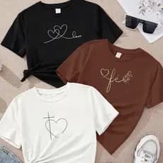 Blusa feminina kit de 3 camisetas minimalista coração fé algodão preto marrom e off