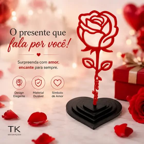 Rosa Decorativa Romântica com Base Coração | Presente Dia dos Namorados Amor Eterno ❤️🌹