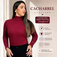 Blusa Cacharrel Feminina Ribana Canelada Gola Alta Manga Longa Justa Elegante Inverno Bordo Marrom