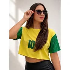 t shirt croped brasil feminina manga  paetê verde amarela moda torcida blusa croped feminina brilho tendência