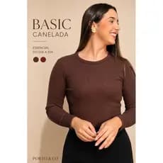 Blusa Feminina Básica Manga Longa Justa Canelada Confortável Casual Elegante Inverno Bordo Marrom