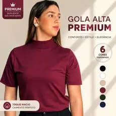 Blusa Feminina Gola Alta Lisa 100%Algodão T-Shirt Manga Curta Básica Premium Inverno casual