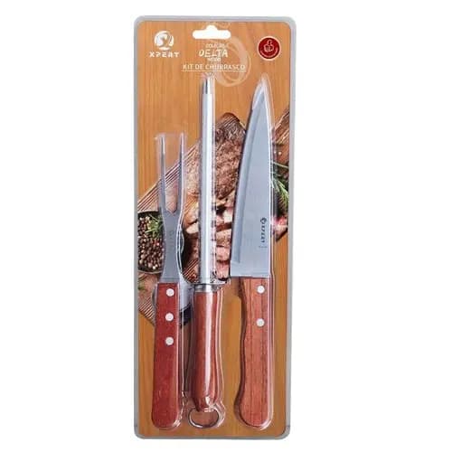 Kit Churrasco Completo Aco Inox Cabos Madeira Utensilios Resistente Duravel