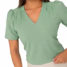 Blusa feminina de seda com decote V e manga curta, moderna e elegante