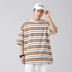 Camiseta solta listrada de cor contrastante retrô Street Wear