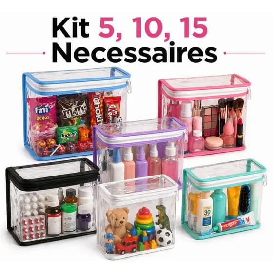 Kit Necessaires 5, 10, 15 Transparentes com Zíper | Organizadores Viagem kit festa  e Dia a Dia