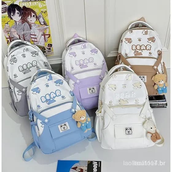 Bolsa escolar primária fofa de urso de desenho animado, mochila infantil com costura em cores contrastantes.