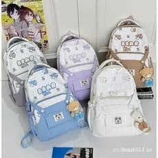 Bolsa escolar primária fofa de urso de desenho animado, mochila infantil com costura em cores contrastantes.