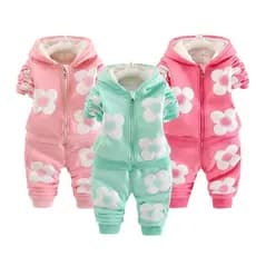 Conjunto de Inverno para Meninas com 3 Flores de Pelúcia, Casaco com Capuz + Calças, 2 Peças, 9 Meses-5 Anos