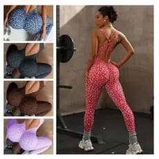 Macacão sem costura com estampa de leopardo e laço envolvente, peça única, para yoga e lazer esportivo.