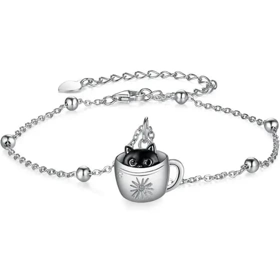 Pulseira de Gato Preto para Mulheres, Prata Esterlina 925, Pulseiras com Pingente de Gato, Contas de Animais Fofos, Joia