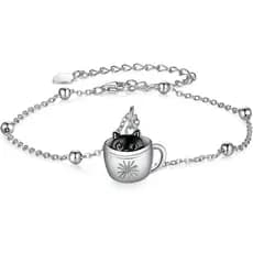Pulseira de Gato Preto para Mulheres, Prata Esterlina 925, Pulseiras com Pingente de Gato, Contas de Animais Fofos, Joia