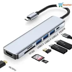 Conversor USB-C Multifuncional 7 em 1 - 4K 30Hz, USB Duplo e Leitor de Cartões Dual