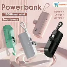 Power Bank Mini 10000mAh para Viagens: Recarga Sem Fio e Cabo (iPhone e Tipo-C) 2em1
