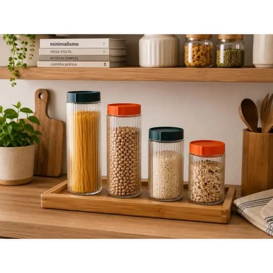 Potes de vidro com tampa, potes para mantimentos para a cozinha redondos conjunto com 4 potes