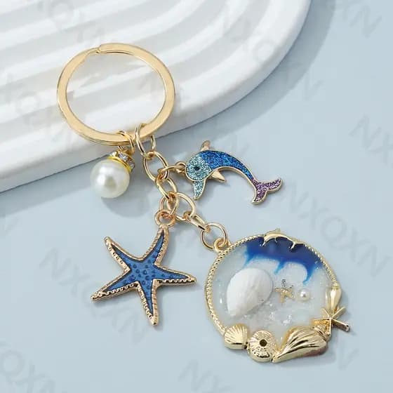 Chaveiro artesanal de amizade com concha azul esmaltada, golfinho, estrela-do-mar e baleia, conjunto de joias para homen