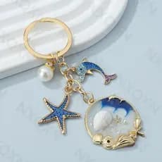Chaveiro artesanal de amizade com concha azul esmaltada, golfinho, estrela-do-mar e baleia, conjunto de joias para homen