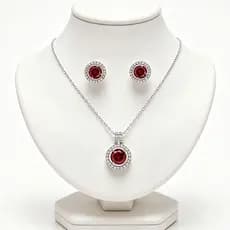 Conjunto 2 em 1 de Colar e Brincos Femininos em Prata S925 com Diamante Redondo Vermelho, Presente de Joias, Acessório d