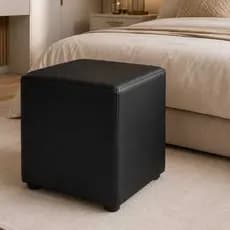 Puff Quadrado Preto Para Sala Ou Quarto - Em Couro Sintético e Espuma D28 Madeira Eucalipto
