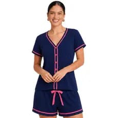 Pijama Blogueirinha Americano Feminino Shortdoll Aberto na Frente Gestante Maternidade Amamentação