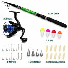 Kit De Pesca Completo 1 Vara Telescópica + 1 Molinete Com Linha - Acessórios Iscas, Anzóis, Chumbadas e Boias